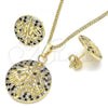 Oro Laminado Earring and Pendant Adult Set, Gold Filled Style Tree Design, with Black and White Cubic Zirconia, Polished, Golden Finish, 10.233.0035.1