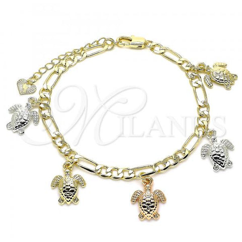 Oro Laminado Charm Bracelet, Gold Filled Style Turtle Design, Polished, Tricolor, 03.351.0094.07