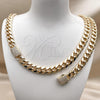 Oro Laminado Necklace and Bracelet, Gold Filled Style Miami Cuban Design, with White Cubic Zirconia, Polished, Golden Finish, 06.156.0004