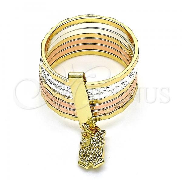 Oro Laminado Elegant Ring, Gold Filled Style Semanario and Owl Design, Diamond Cutting Finish, Tricolor, 01.253.0034.09 (Size 9)