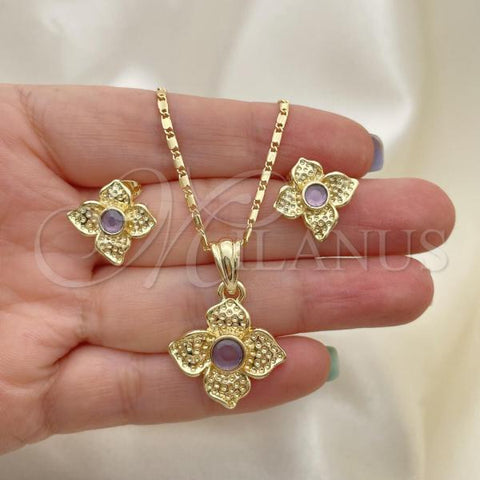 Oro Laminado Earring and Pendant Adult Set, Gold Filled Style Flower Design, with Amethyst Crystal, Polished, Golden Finish, 10.160.0098.1