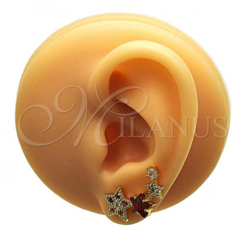 Oro Laminado Earcuff Earring, Gold Filled Style Star Design, with Multicolor Micro Pave and Garnet Cubic Zirconia, Polished, Golden Finish, 02.210.0727.1