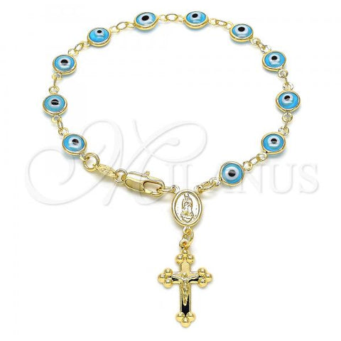 Oro Laminado Bracelet Rosary, Gold Filled Style Guadalupe and Evil Eye Design, Light Blue Resin Finish, Golden Finish, 09.63.0107.4.08