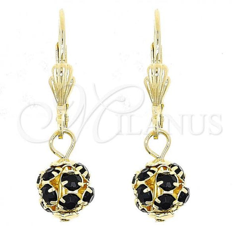 Oro Laminado Dangle Earring, Gold Filled Style Ball Design, with Black Cubic Zirconia, Polished, Golden Finish, 5.120.023