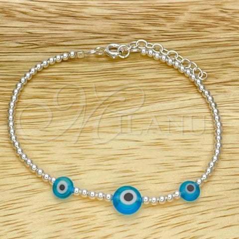 Sterling Silver Adjustable Bolo Bracelet, Ball and Evil Eye Design, with Blue Topaz Crystal, Polished, Silver Finish, 03.402.0016.07
