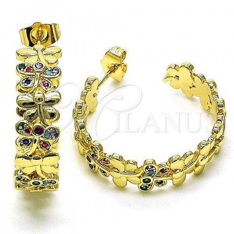 Oro Laminado Medium Hoop, Gold Filled Style Dragon-Fly Design, with Multicolor Micro Pave, Polished, Golden Finish, 02.210.0800.1.30