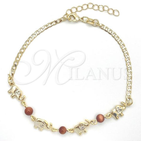 Oro Laminado Basic Anklet, Gold Filled Style Elephant and Curb Design, Polished, Golden Finish, 03.02.0094.10