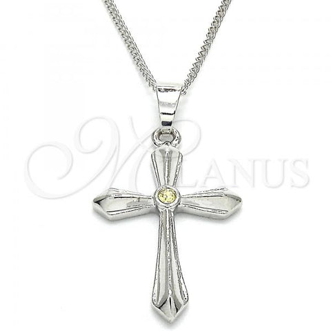 Oro Laminado Pendant Necklace, Gold Filled Style Cross Design, with Light Olive Cubic Zirconia, Polished, Rhodium Finish, 04.94.0013.1.18