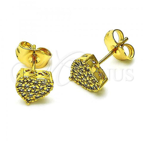 Oro Laminado Stud Earring, Gold Filled Style Heart Design, with White Micro Pave, Polished, Golden Finish, 02.344.0153
