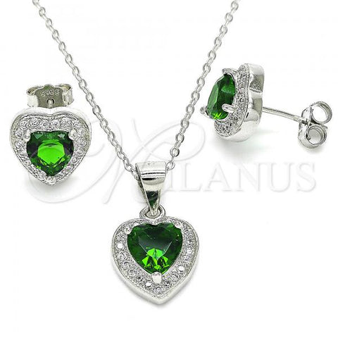 Sterling Silver Earring and Pendant Adult Set, Heart Design, with Green Cubic Zirconia and White Micro Pave, Polished, Rhodium Finish, 10.175.0081.1