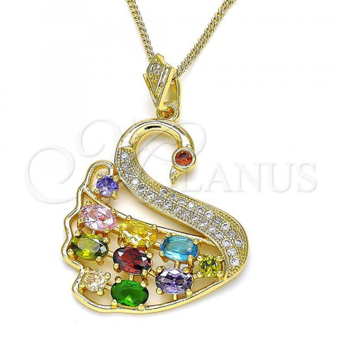 Oro Laminado Pendant Necklace, Gold Filled Style Swan Design, with Multicolor Cubic Zirconia and White Micro Pave, Polished, Golden Finish, 04.283.0015.20