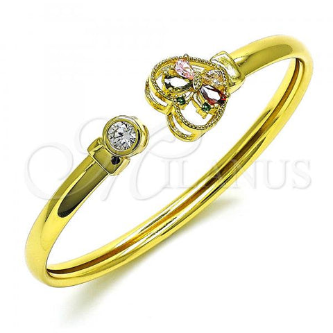 Oro Laminado Individual Bangle, Gold Filled Style Heart and Butterfly Design, with Multicolor Cubic Zirconia, Polished, Golden Finish, 07.381.0021