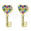 Oro Laminado Stud Earring, Gold Filled Style key and Heart Design, with Multicolor Micro Pave, Polished, Golden Finish, 02.210.0407.1