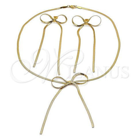 Stainless Steel Necklace and Earring, Bow and Rat Tail Design, Diamond Cutting Finish, Golden Finish, 06.417.0003