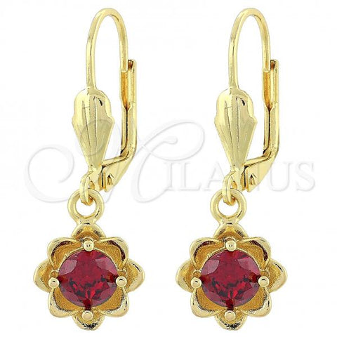 Oro Laminado Dangle Earring, Gold Filled Style Flower Design, with Garnet Cubic Zirconia, Polished, Golden Finish, 02.63.2448.1