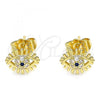 Oro Laminado Stud Earring, Gold Filled Style Evil Eye Design, with Sapphire Blue Micro Pave, Polished, Golden Finish, 02.156.0542