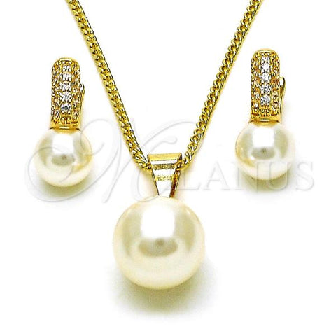 Oro Laminado Earring and Pendant Adult Set, Gold Filled Style Ball Design, with Ivory Pearl and White Micro Pave, Polished, Golden Finish, 10.195.0061