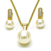 Oro Laminado Earring and Pendant Adult Set, Gold Filled Style Ball Design, with Ivory Pearl and White Micro Pave, Polished, Golden Finish, 10.195.0061