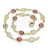 Oro Laminado Fancy Anklet, Gold Filled Style Evil Eye and Hand of God Design, Red Resin Finish, Golden Finish, 03.326.0007.10