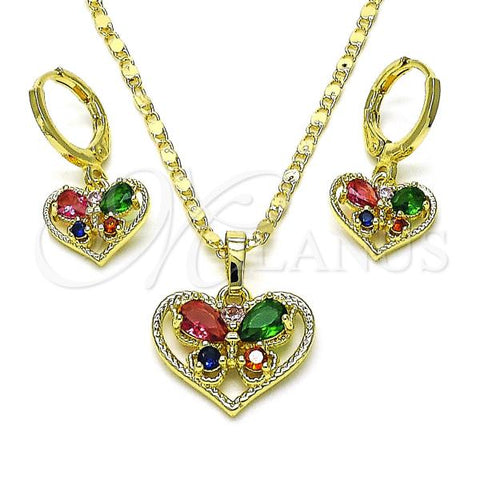 Oro Laminado Earring and Pendant Adult Set, Gold Filled Style Heart and Butterfly Design, with Multicolor Azavache, Polished, Golden Finish, 10.196.0136