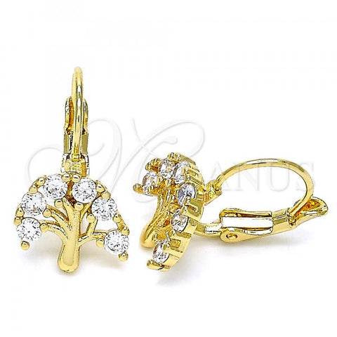 Oro Laminado Leverback Earring, Gold Filled Style Tree Design, with White Cubic Zirconia, Polished, Golden Finish, 02.210.0383