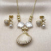 Oro Laminado Earring and Pendant Adult Set, Gold Filled Style Shell and Star Design, with Ivory Pearl, White Enamel Finish, Golden Finish, 10.341.0020