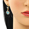 Oro Laminado Leverback Earring, Gold Filled Style Heart Design, with Blue Topaz and White Crystal, Polished, Golden Finish, 02.122.0114.8