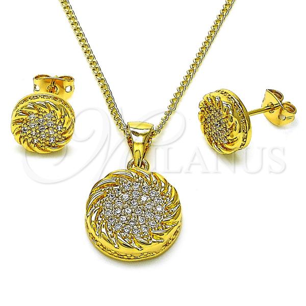 Oro Laminado Earring and Pendant Adult Set, Gold Filled Style Rope Design, with White Micro Pave, Polished, Golden Finish, 10.342.0173