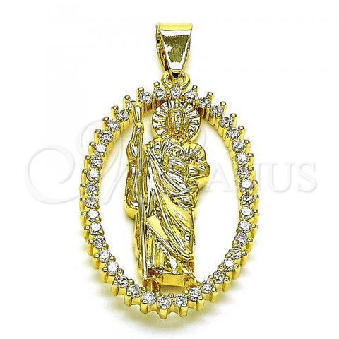 Oro Laminado Religious Pendant, Gold Filled Style San Judas Design, with White Cubic Zirconia, Polished, Golden Finish, 05.380.0159