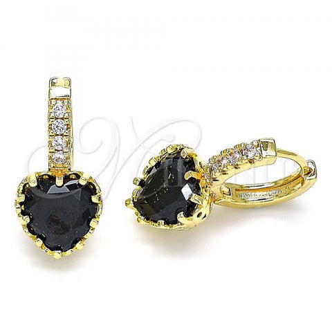 Oro Laminado Huggie Hoop, Gold Filled Style Heart Design, with Black Cubic Zirconia and White Micro Pave, Polished, Golden Finish, 02.210.0505.3.15