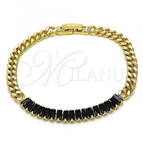 Oro Laminado Fancy Bracelet, Gold Filled Style Baguette and Miami Cuban Design, with Black Cubic Zirconia, Polished, Golden Finish, 03.283.0093.1.07