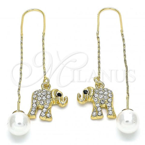 Oro Laminado Threader Earring, Gold Filled Style Elephant Design, with White and Black Crystal, Polished, Golden Finish, 02.380.0032