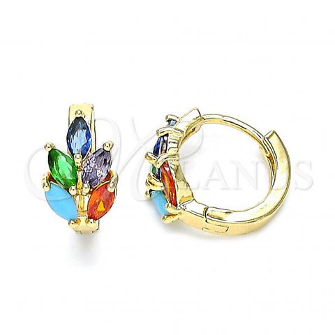 Oro Laminado Huggie Hoop, Gold Filled Style Leaf Design, with Multicolor Cubic Zirconia, Polished, Golden Finish, 02.210.0649.5.15