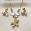 Oro Laminado Earring and Pendant Adult Set, Gold Filled Style Shell and Star Design, with Ivory Pearl, White Enamel Finish, Golden Finish, 10.341.0019