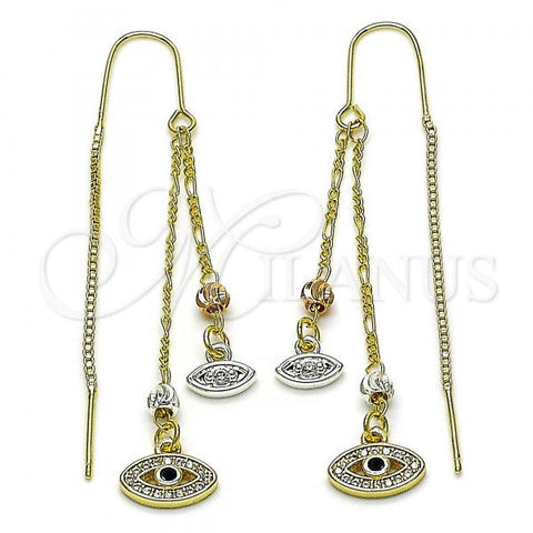 Oro Laminado Threader Earring, Gold Filled Style Evil Eye Design, with White Micro Pave and Black Cubic Zirconia, Polished, Tricolor, 02.253.0080