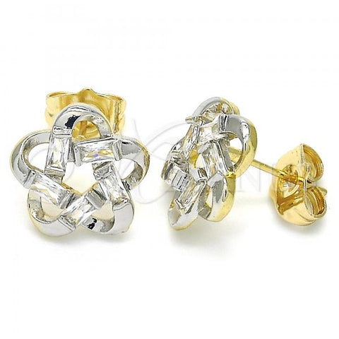 Oro Laminado Stud Earring, Gold Filled Style Flower Design, with White Cubic Zirconia, Polished, Two Tone, 02.210.0101.3