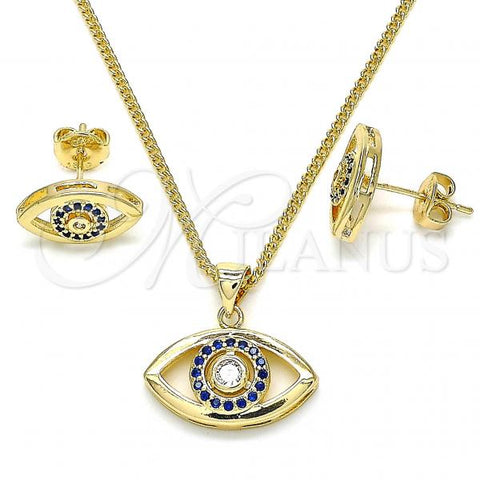 Oro Laminado Earring and Pendant Adult Set, Gold Filled Style with Sapphire Blue and White Micro Pave, Polished, Golden Finish, 10.156.0245.1