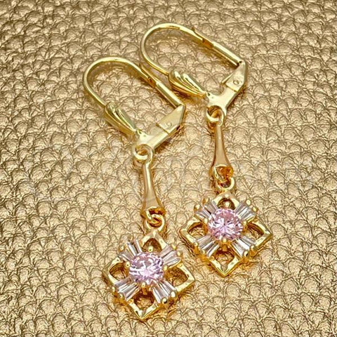 Oro Laminado Long Earring, Gold Filled Style with Pink and White Cubic Zirconia, Polished, Golden Finish, 02.387.0048