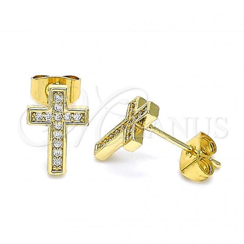 Oro Laminado Stud Earring, Gold Filled Style Cross Design, with White Micro Pave, Polished, Golden Finish, 02.344.0113