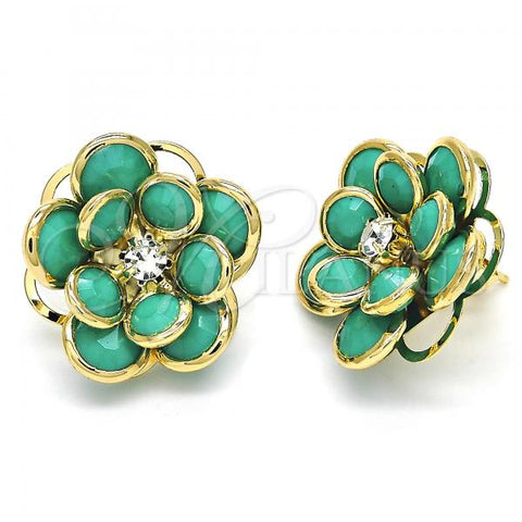 Oro Laminado Stud Earring, Gold Filled Style Flower Design, with Turquoise and White Crystal, Polished, Golden Finish, 02.64.0641
