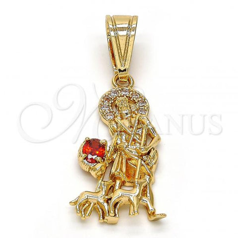 Oro Laminado Religious Pendant, Gold Filled Style San Lazaro Design, with White and Garnet Cubic Zirconia, Polished, Golden Finish, 05.120.0036