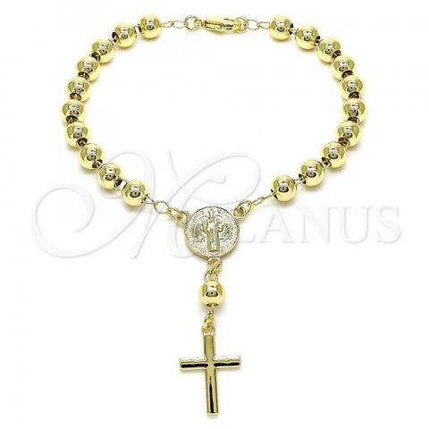 Oro Laminado Bracelet Rosary, Gold Filled Style San Benito and Cross Design, Polished, Golden Finish, 09.213.0013.08