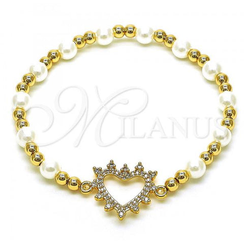 Oro Laminado Fancy Bracelet, Gold Filled Style Expandable Bead and Heart Design, with White Micro Pave and Ivory Pearl, Polished, Golden Finish, 03.299.0105.07