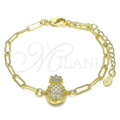Oro Laminado Fancy Bracelet, Gold Filled Style Pineapple and Paperclip Design, with White Micro Pave, Polished, Golden Finish, 03.313.0025.07