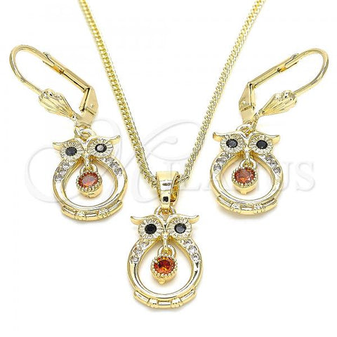 Oro Laminado Earring and Pendant Adult Set, Gold Filled Style Owl Design, with Garnet and Black Cubic Zirconia, Polished, Golden Finish, 10.210.0114.1