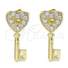 Oro Laminado Stud Earring, Gold Filled Style key and Heart Design, with White Micro Pave, Polished, Golden Finish, 02.210.0407
