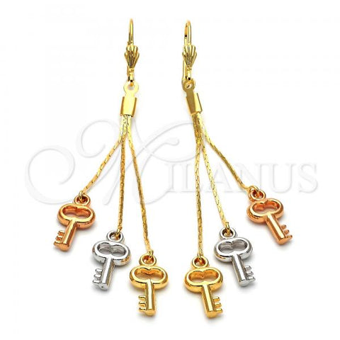Oro Laminado Long Earring, Gold Filled Style key Design, Polished, Tricolor, 5.107.001