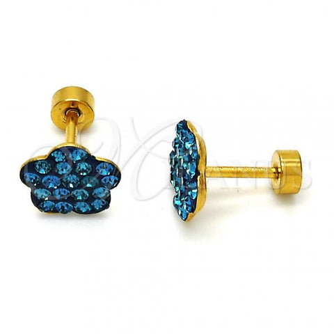 Stainless Steel Stud Earring, Flower Design, with Blue Topaz Crystal, Polished, Golden Finish, 02.271.0020.7