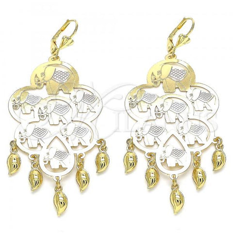 Oro Laminado Long Earring, Gold Filled Style Elephant Design, Polished, Tricolor, 02.331.0038