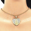 Oro Laminado Religious Pendant, Gold Filled Style Heart and Guadalupe Design, with White Crystal, Polished, Golden Finish, 05.351.0135.1